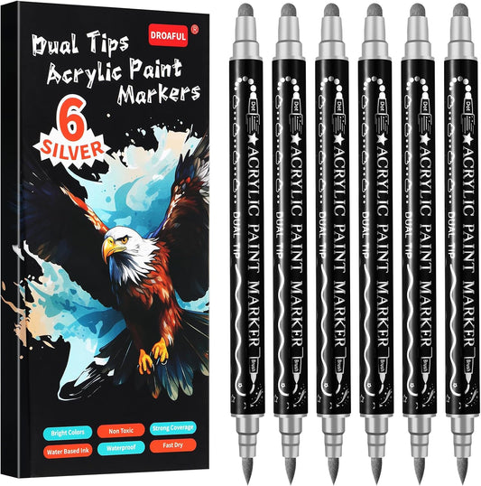 Silver Acrylic Paint Pens Markers, 6 Pc Dual Tips Waterproof Paint Markers For Rock Painting, Fabric, Metal, Glass, Wood, Canvas, Ceramic, Pumpkins, Eggs, Plastic, Non-Toxic & Odor