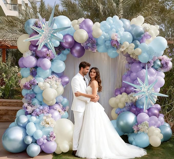 Frozen Balloon Garland Arch Kit, Double Stuffed Purple Blue White Pearl Balloons with Iridescent Star Foils for Birthday Christmas Baby Shower Frozen Wedding Winter Party Decorations