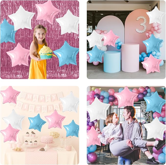 Pink Blue White Star Foil Balloons, 10PCS Foil Stars Shape Balloons, 18 Inch Metallic Light Pink Blue Stars Balloon Helium for Girls Boys Birthday, Gender Reveal, Baby Shower Party Decoration