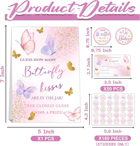 How Many Butterfly Kisses Baby Shower Game Set - Standing Sign, 50 Guessing Cards, 180 Stickers