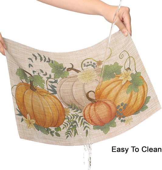 Thanksgiving Placemats Set of 6 Fall Place Mats Pumpkin Maple Leaves Table Mats Washable Non-Slip Heatproof Woven Placemats for Dining Table (17.7" X 11.8")