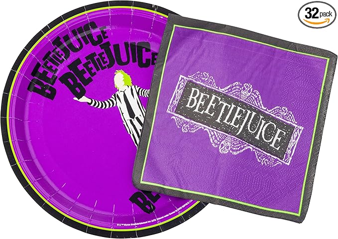 Silver Buffalo Tim Burton's Beetlejuice 32 Pack Partyware Disposable Paper Plates and Napkins