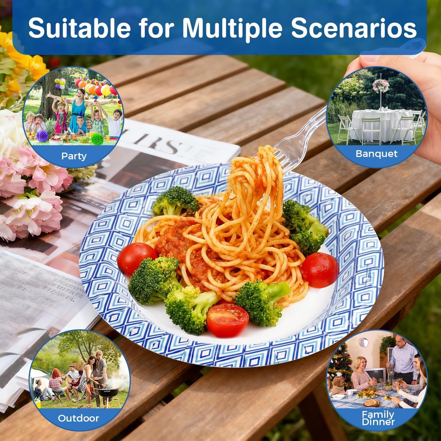Charmount 300Pcs Paper Plates 8.5 Inch Bulk, 150 Disposable Plates with 150 Clear Plastic Forks, Soak-Proof Tableware for Daily Use, Breakfast, Lunch, Dinner, Party, Camping