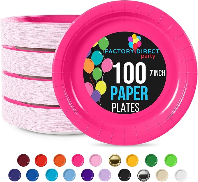 Exquisite Hot Pink Paper Plates Disposable Heavy Duty 7 Inch Hot Pink Disposable Plates For Party 100 Pcs Heavy Duty Paper Plate 350 GSM, Birthday Party Supplies Plate Set