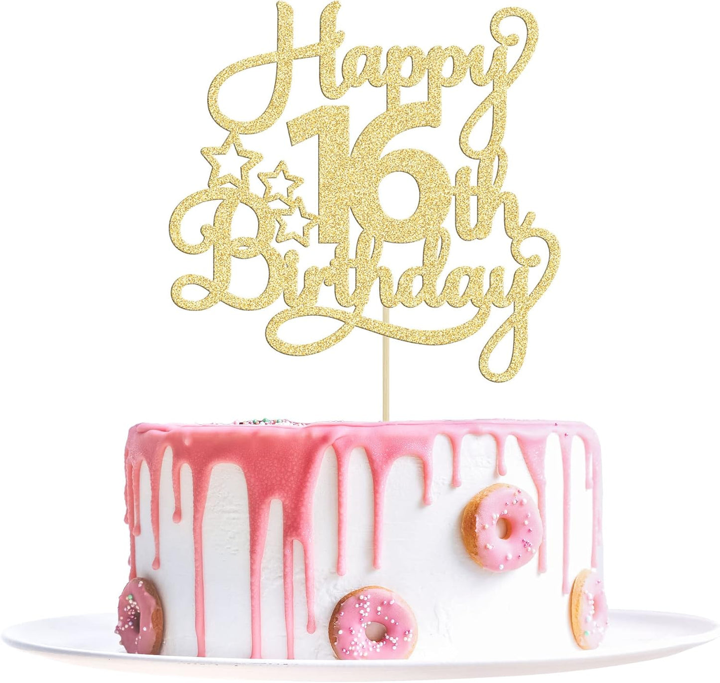 1 Pack Happy 16th Birthday Cake Topper Glitter Sweet 16 Cake Pick - Gold