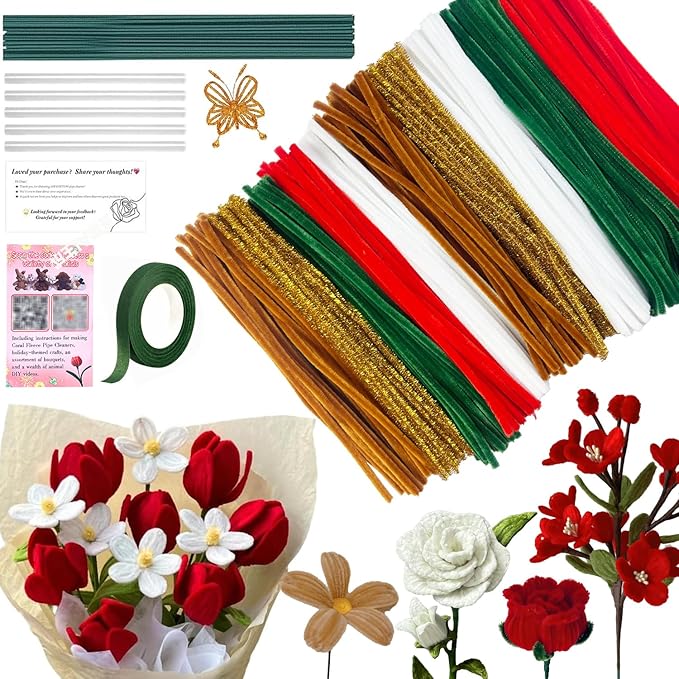 500pcs Multi-Season Pipe Cleaners Craft Kit with Flower Stem Wires & Art Tape - Valentine’s Day, Mother’s Day, Graduation & Holiday DIY Projects, 5 Colors Chenille Stems Set (7mm x12 inch)