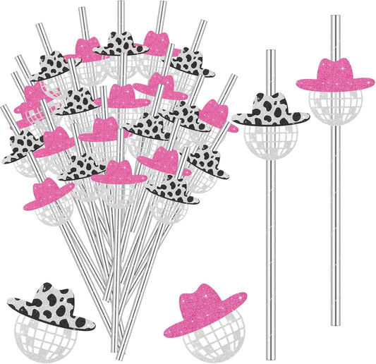 Tanlade 50 Pcs Mini Disco Ball Straws 70s Disco Straws Mirror Glitter Cowgirl Hat Party Decorations for Dance Holiday Wedding Birthday Supplies(Pink, Black)
