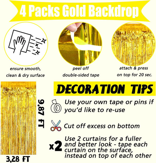 4 Pack Gold Fringe Curtain Backdrop, 3.2Ft x 9.8Ft Metallic Tinsel Foil Fringe Streamers Background for Photo Booth Birthday Wedding Baby Shower Carnival Easter Mother’s Day Party Decorations