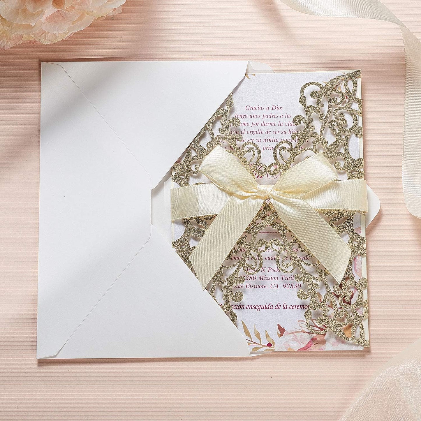 50Pcs Glitter Floral Laser Cut Wedding Invitation Cards with Envelope Blank Inner Sheet and Ribbon for Wedding Engagement Bridal Shower Party Invite(7.09 X 4.92inch, Gold)