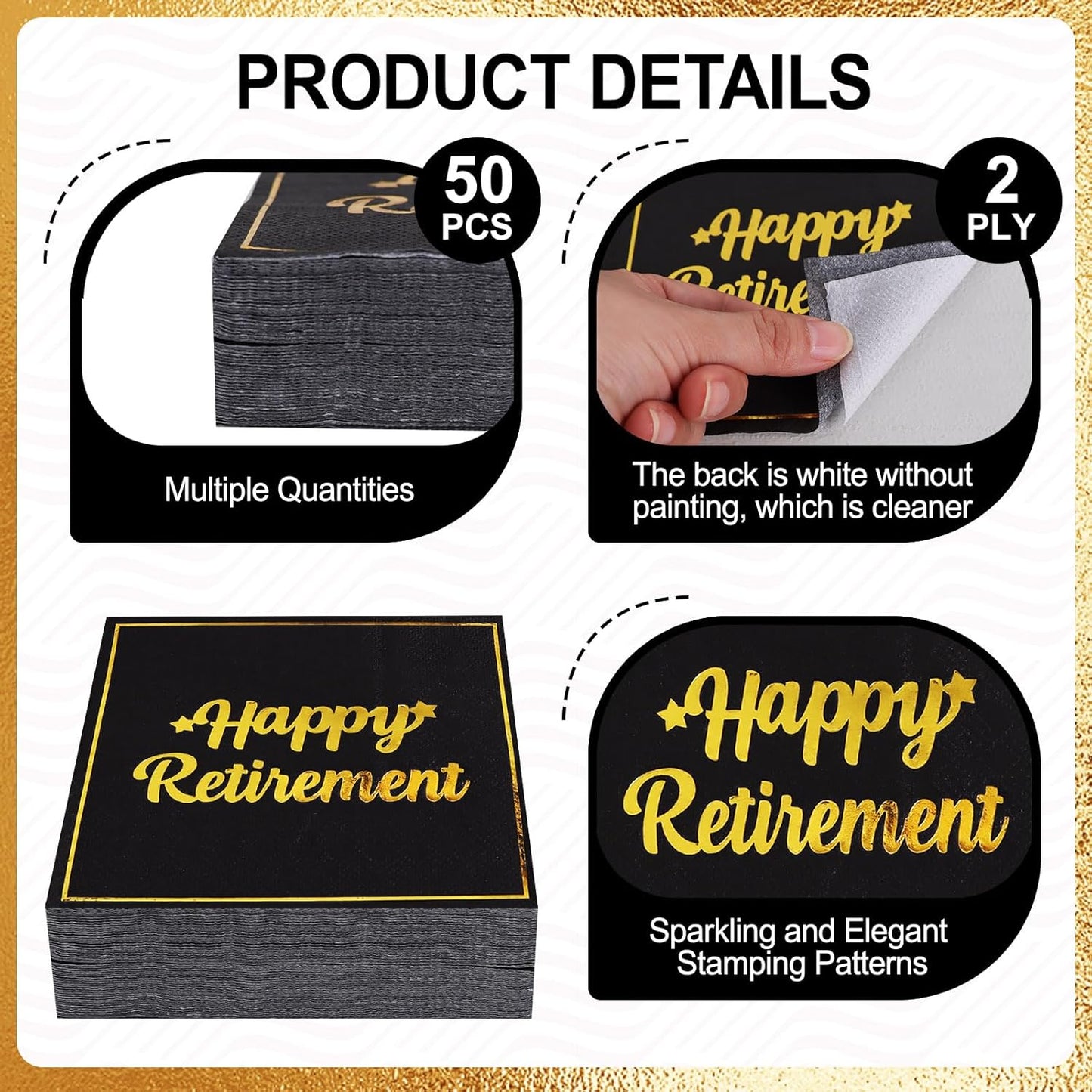 Vuzvuv 50 Pack Happy Retirement Cocktail Napkins - Disposable Paper Hand Napkins for Retirement Parties Farewell Gatherings Office Send-Off Party Decorations Table Decor (5" Folded 2 Ply - Black)