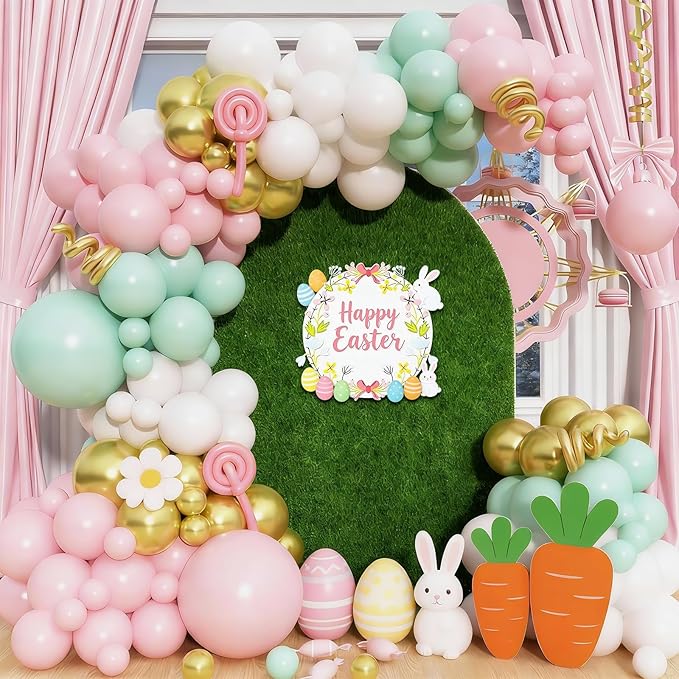 Pastel Balloon Arch Garland Kit, Macaron Pink Green White Gold Latex Party Balloons Pastel Color Easter Balloon for Easter Spring Wedding Graduation Baby Shower Birthday Party Decorations