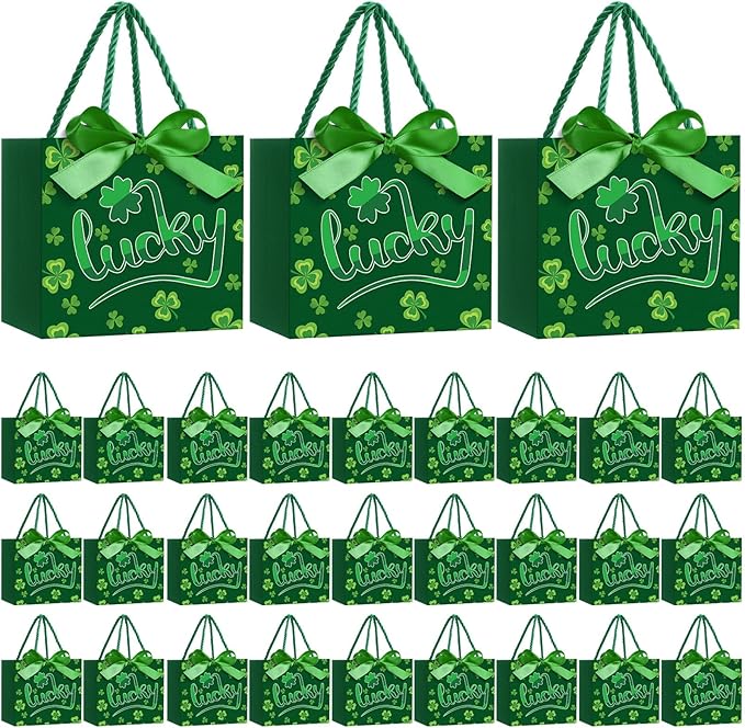 Moinchore 30 Pcs St Patrick's Day Gift Bags Bulk with Handles Bow Ribbon Wrap 5.5 x 4.7 x 2.5 in Green Shamrock Goodie Bags Irish Holiday Party Favors Supplies for Candy Snacks