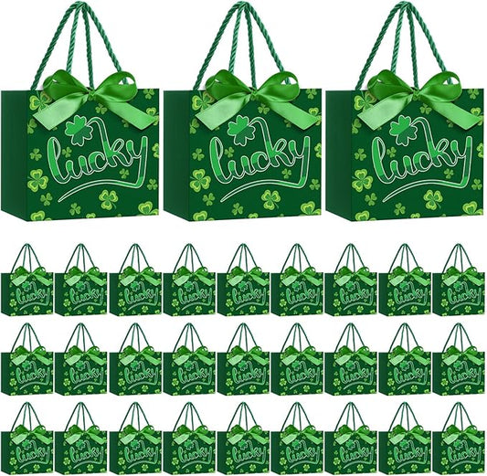 Moinchore 30 Pcs St Patrick's Day Gift Bags Bulk with Handles Bow Ribbon Wrap 5.5 x 4.7 x 2.5 in Green Shamrock Goodie Bags Irish Holiday Party Favors Supplies for Candy Snacks