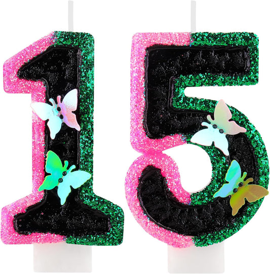 Birthday Number 15 Candles Pink Black and Green Butterfly Birthday Candles for Glitter Cake Topper with Sequins Decorations Girls Women Witch Theme Anniversary Celebrations Supplies
