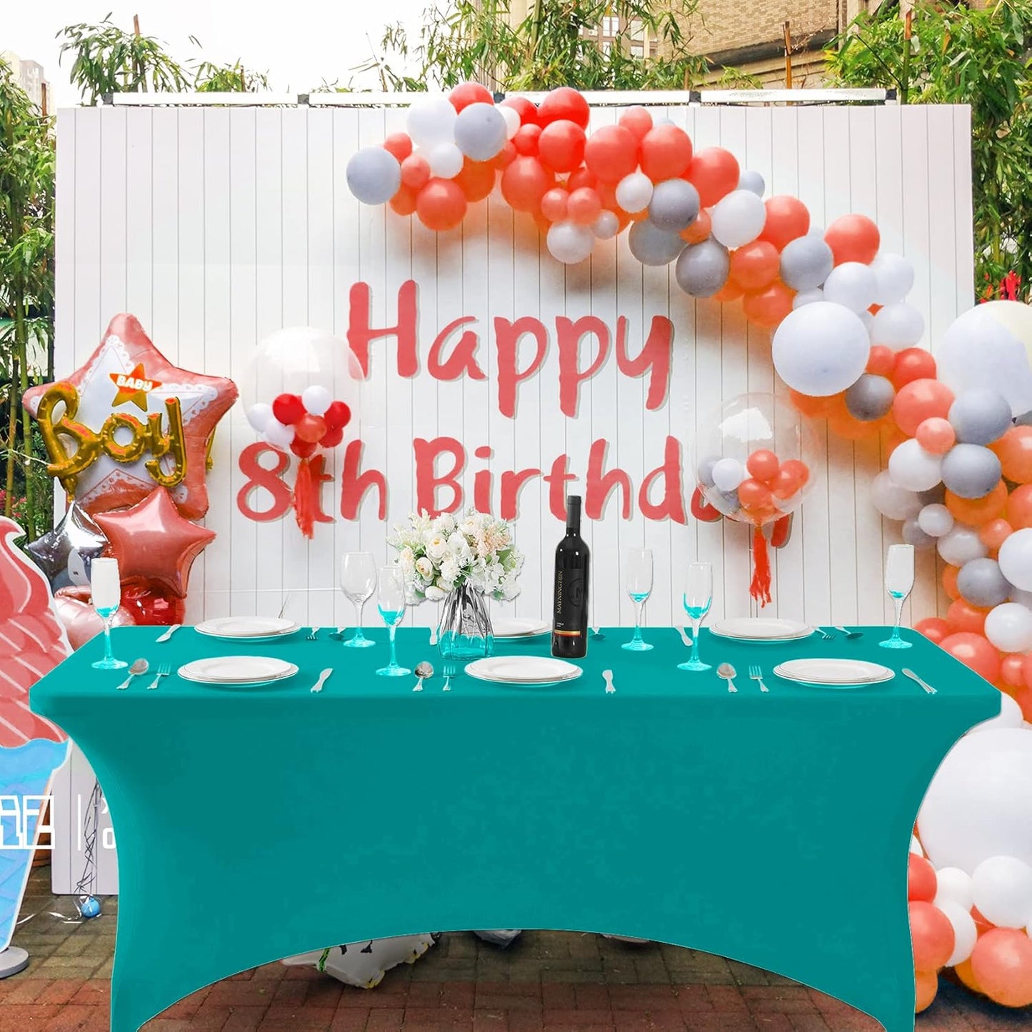 SuperO 2Pack Waterproof Spandex Table Cover for 8FT Table Universal Fitted Stretch Tablecloth for Party, Banquet, Wedding and Events-Turquoise