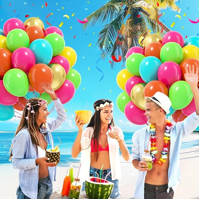 60pcs 12inch Tropical Balloons, Hot Pink Lime Green Teal Orange Yellow Metallic Gold Balloons for Luau Tropical Hawaiian Baby Shower Themed Birthday Party Decorations