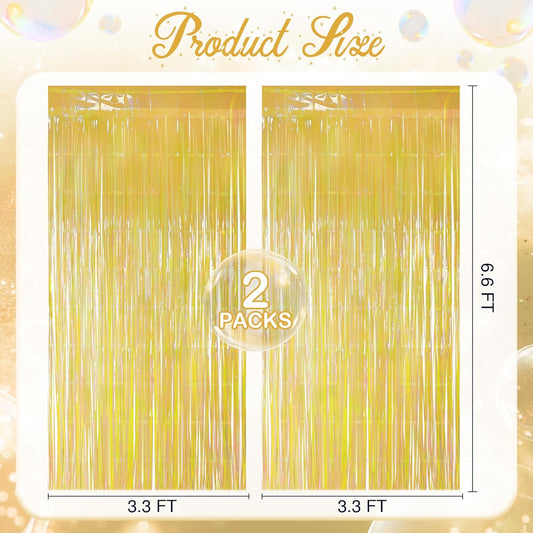 2 Pack Yellow Iridescent Streamers Backdrop, 3.3x6.6ft Foil Fringe Curtains Gold Holographic Door Tinsel Streamers for Birthday, Wedding, Holiday, Bachelorette, Theme Party Decorations