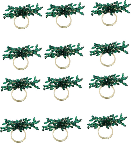 Napkin Rings Set of 12 for Dining Table Decoration Parties Everyday Metal Napkin Holder Leaf Dark Green (Pack of 12)