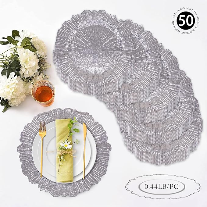 MAONAME 13" Silver Charger Plates Set of 50, Reef Plate Chargers Bulk, Round Charger for Dinner Plates, Plastic Table Chargers for Wedding Decor