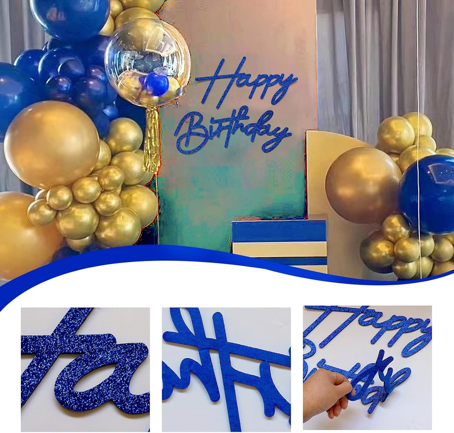 Glitter Happy Birthday Sign for Backdrop - Felt Happy Birthday Large Letters for Banner Arch Party Balloon Wall Backdrop Photography Background Event Decor Supplies - Royal Blue