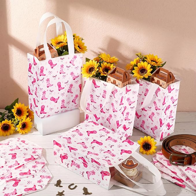 Supervitae 24 Pack Pink Cowgirl Gift Bags Medium Western Cowgirl Theme Party Decoration Supplies Reusable Non Woven Totes for Rodeo Birthday Themed Supplies Favor(9.8" x 7.9" x 3.9")