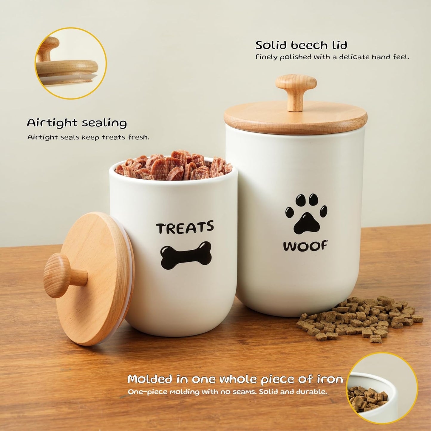 Dog Treat Container Set of 2, Dog treat jar with Airtight Lid, Small dog food container, Dog Cookie Jar for kitchen Counter, Treats Canister, Pet Treat Container 8.3x4.9 & 7.1x4.3 (White)