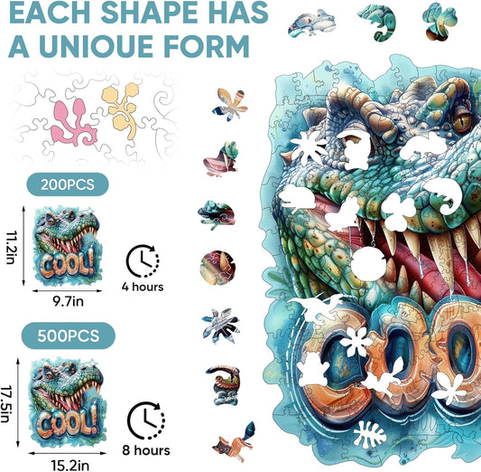Reouinty Wooden Puzzles for Adults, Cool Crocodile Jigsaw Puzzles 200 Pieces Animal Unique Shaped Wood Cut Puzzle Gifts for Adults and Kids, Family Puzzle Games