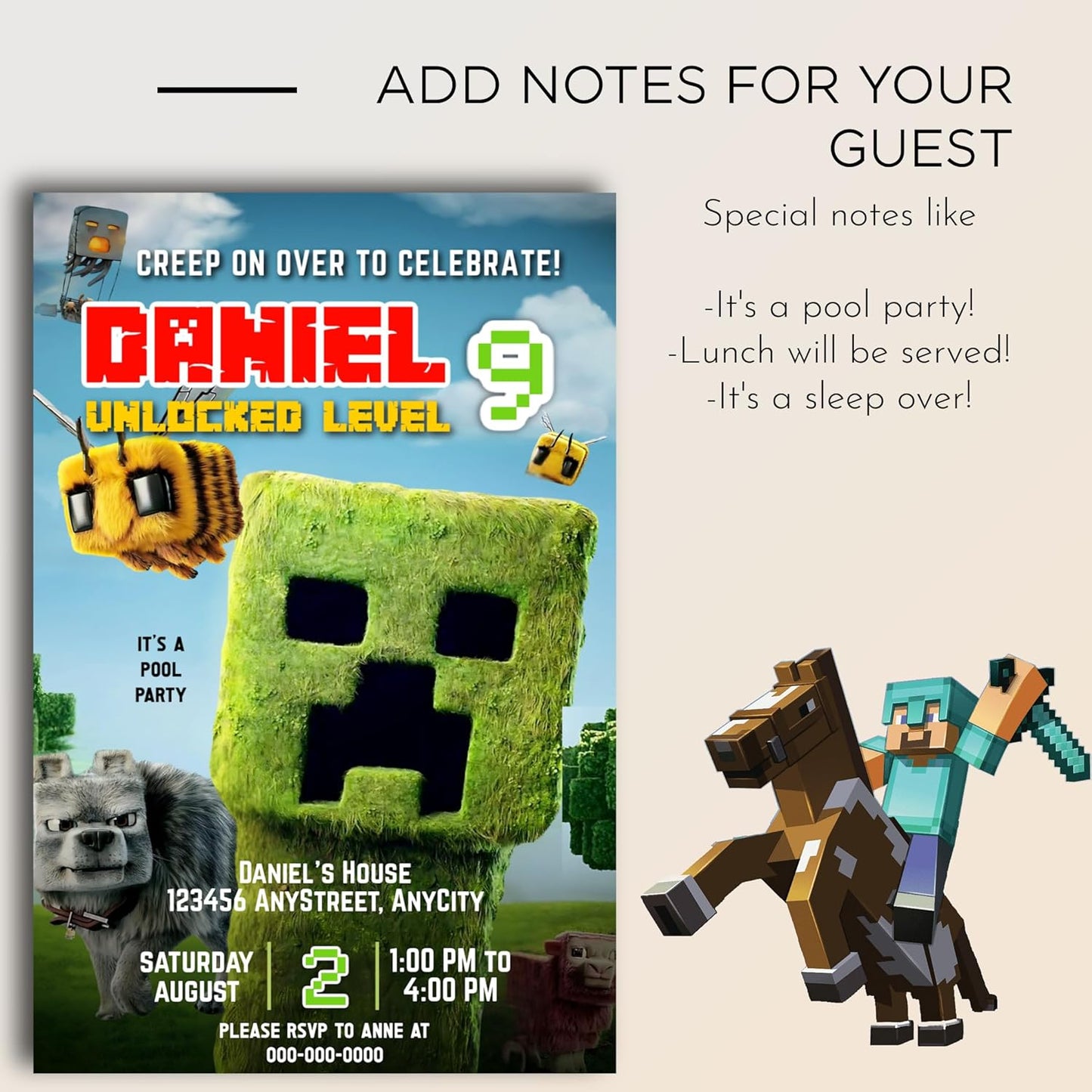 Fully Customizable minecraft Birthday Party Invitations, 4 x 6 inches, with Self-Sealing Envelopes, Gaming Theme Design, minecraft Birthday Invitations for Boys and Girls (Mnecraft/Creeper)