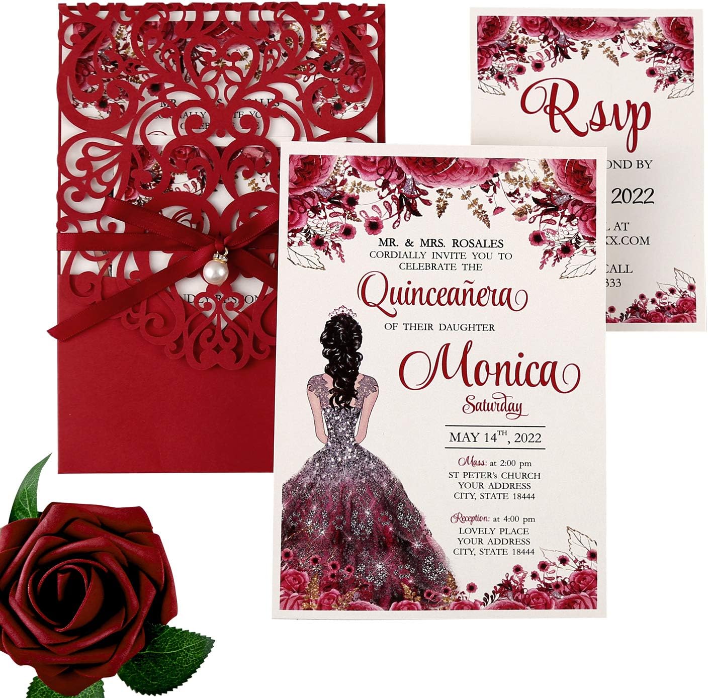 5X7.2 Inch 50PCS Personalized Laser Cut Red Quinceanera Invitations With RSVP Cards and Envelopes And Ribbon Belly Band with Pearl Embellishments for Wedding