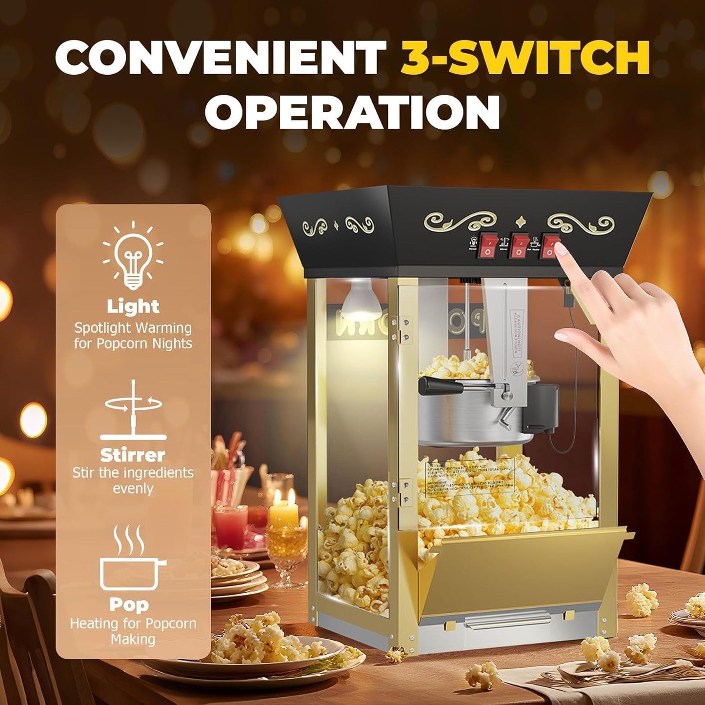 2025 Upgraded 12 oz Popcorn Machine Cart, Popcorn Maker Machine with Stainless-Steel Kettle Makes Up to 48 Cups, Movie Theater Pop Corn Machine with 3-Switch Control & Tempered Glass Doors, Black