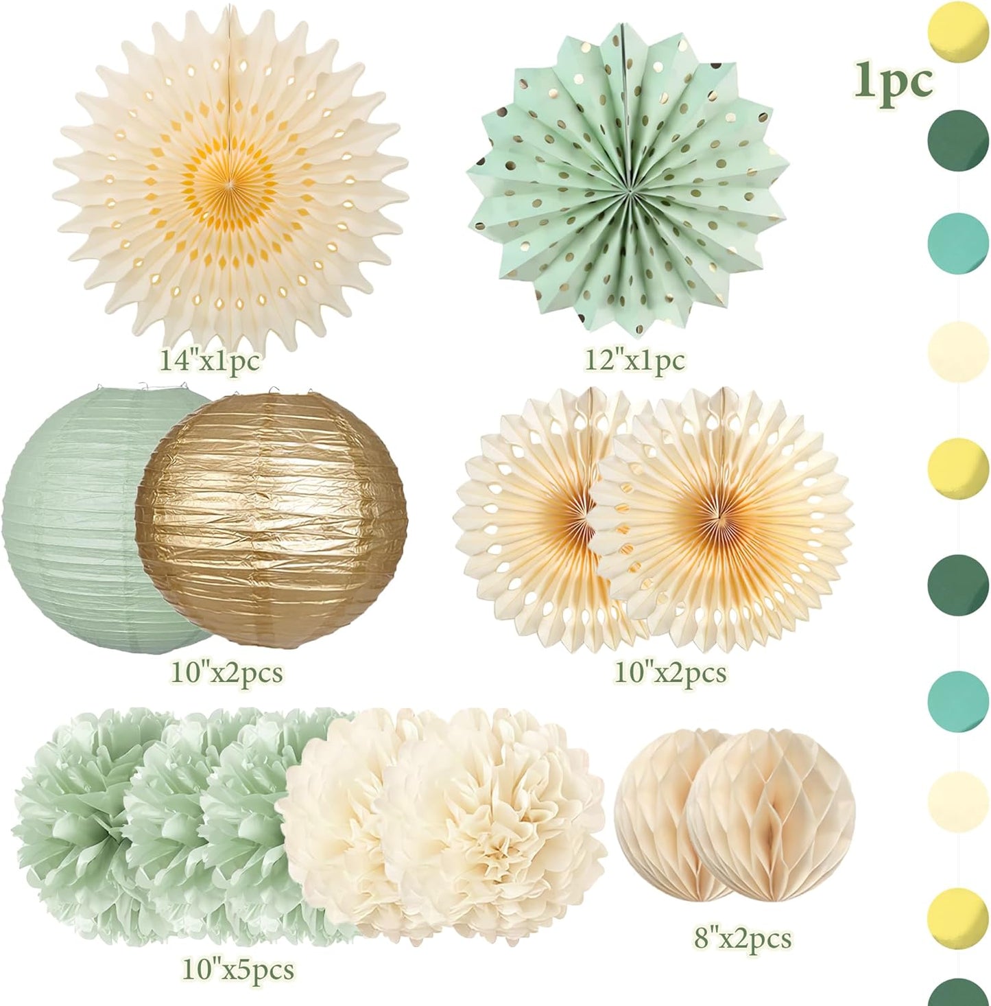 Sage Green Party Decorations Sage Green and Cream Paper Fans Paper Lanterns Pom Poms Flowers for Baby Shower Birthday Wedding Engagement Party