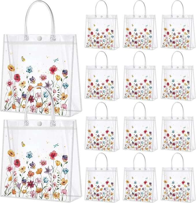 Kacctyen 24 Pcs Wildflower Party Favor Wildflower Clear PVC Gift Bags for Wedding Birthday Baby Shower Butterfly Flower Printed Treat Bags with Handles Return Gift Wrap Totes for Guests