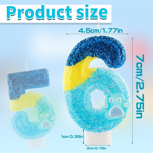 Honglus Glitter Blue Dog Paw 5 Candle for Birthday Blue Number 5 Candle Dog Paw 5 Glitter Cake Topper for 5th Birthday Party Supplies Anniversary Decorations
