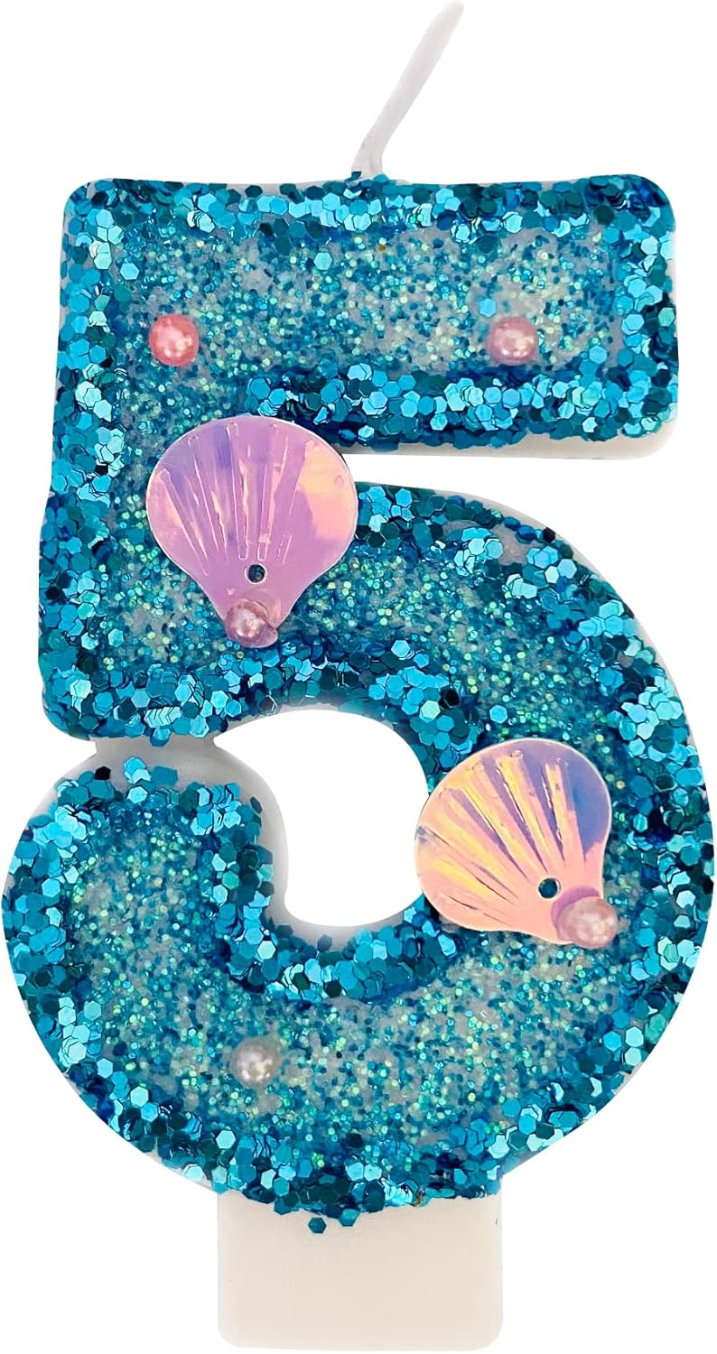 Blue Number Candle,Shell Sequins Number Candles for Birthday Cakes Mermaid Themed Party Supplies Number 5 Candle