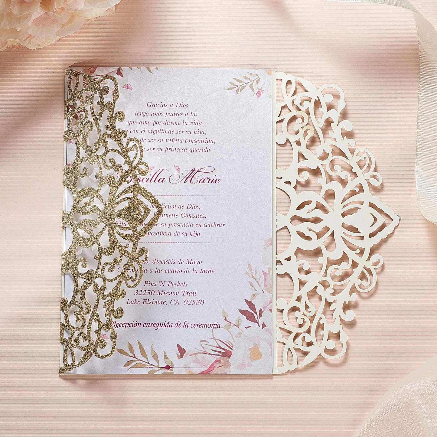 50Pcs Glitter Floral Laser Cut Wedding Invitation Cards with Envelope Blank Inner Sheet and Ribbon for Wedding Engagement Bridal Shower Party Invite(7.09 X 4.92inch, Gold)