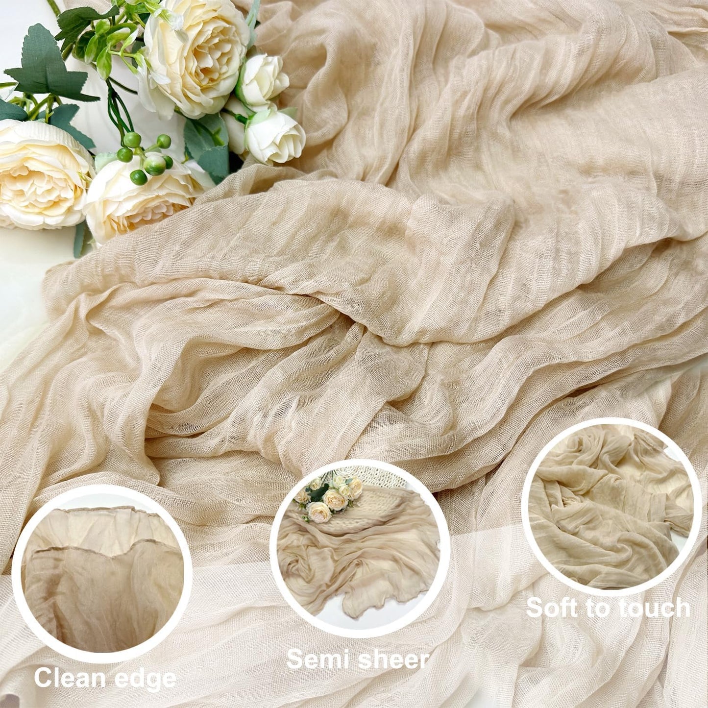 Booque Valley Beige Cheesecloth Table Runner 10ft Super Soft Boho Wrinkled Gauze Sheer Cloth for Baby Shower Baptism Birthday Party Wedding Centerpiece Table Decoration, 35x120 Inch