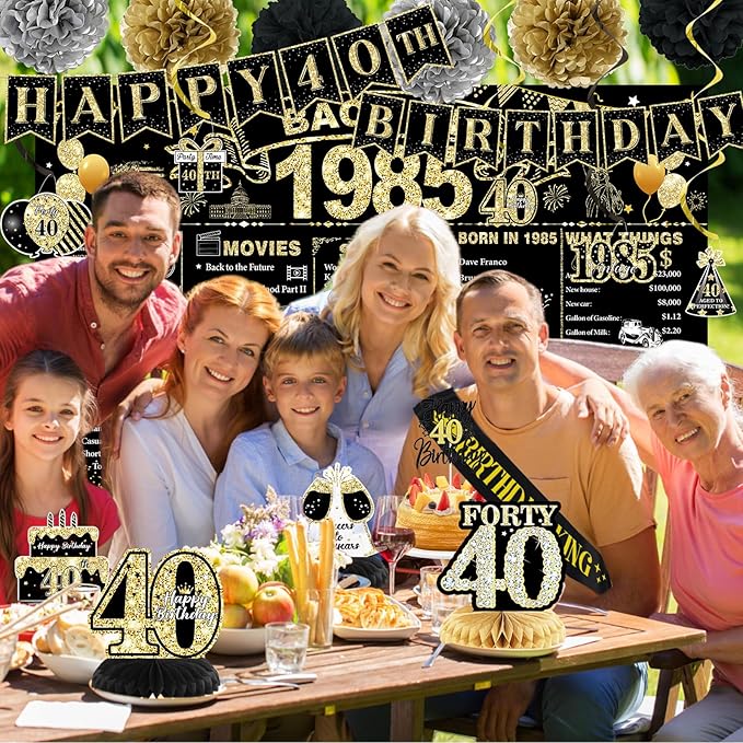 40th Birthday Decorations Men, Black Gold Back In 1985 Birthday Banner Decorations, Vintage 40th Birthday Table Decorations, Cake Topper, Balloons, Backdrop, Sash Party Supplies for Men