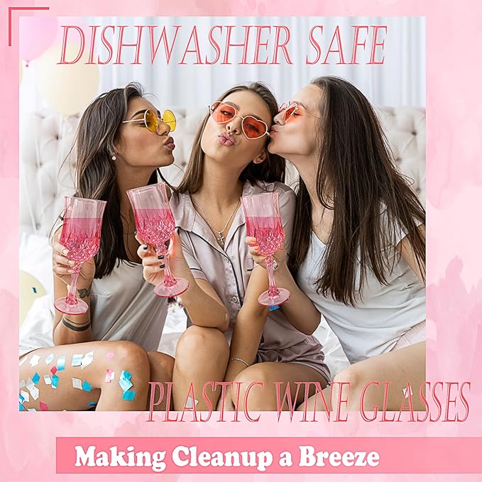 48 PCS Pink Plastic Wine Glasses,Reusable Plastic Wine Glasses,Pink Goblet Glass,Durable and Sturdy Cups Can Be Used for Various Parties Such as Weddings!