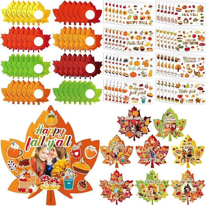 Jetec 48 Packs Thanksgiving Fall Picture Frame Craft Kits Maple Leaf Shape DIY Photo Frame with Stickers Make Your Own Picture Craft for Autumn Home Classroom Decor