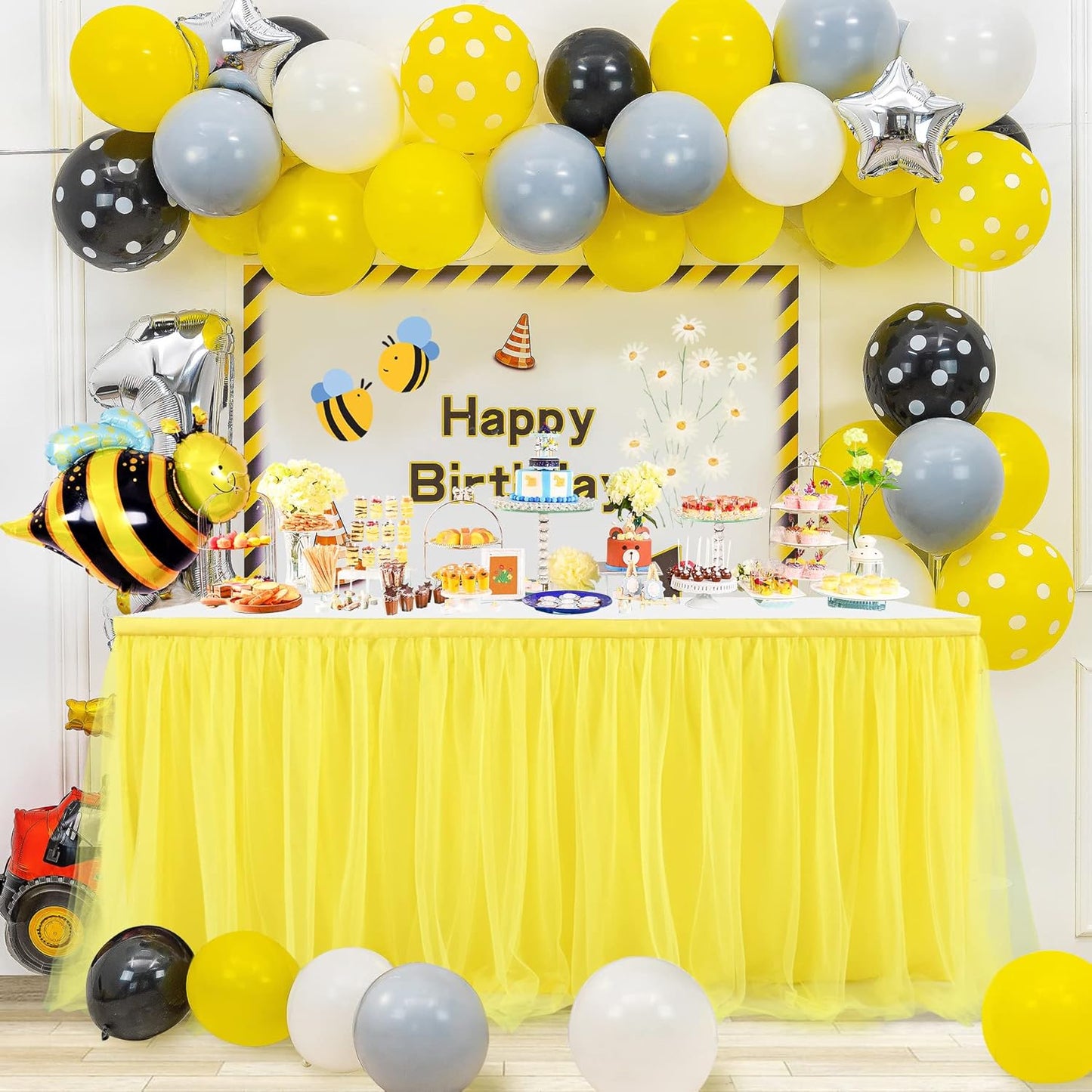 Suppromo 14ft Yellow Tulle Tutu Table Skirt for Birthday Party Girls Boys Baby Shower Wedding Cake Dessert Table Decorations