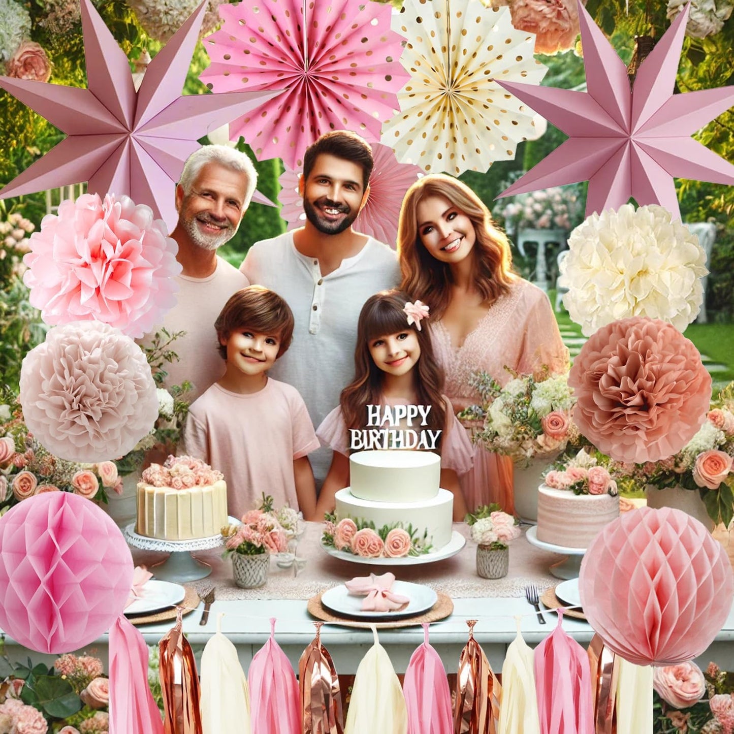 Pink Party Decorations - Dusty Pink Birthday Decoration - 15PCS Boho Decorations for Women Men Girl Boy,Hanging Backdrop Decor for Engagement,Boho Wedding,Baby Shower,Bridal Shower,Garden Party