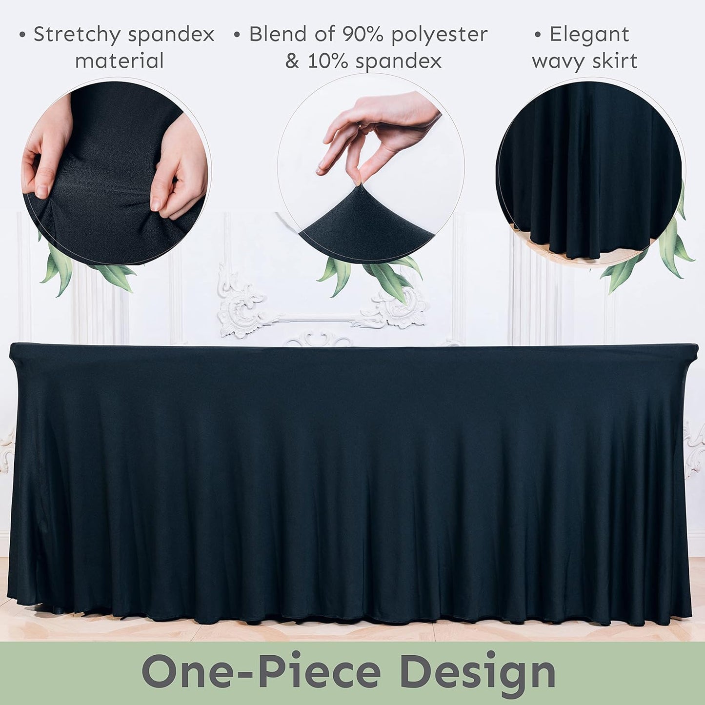 Table Skirt for Rectangular Tables 8ft - Spandex TableCovers for Standard 8 Foot Table - One Piece Fitted Elastic Tablecloth - Wrinkle Resistant Ruffles Design for Weddings, Party, Events (Black)