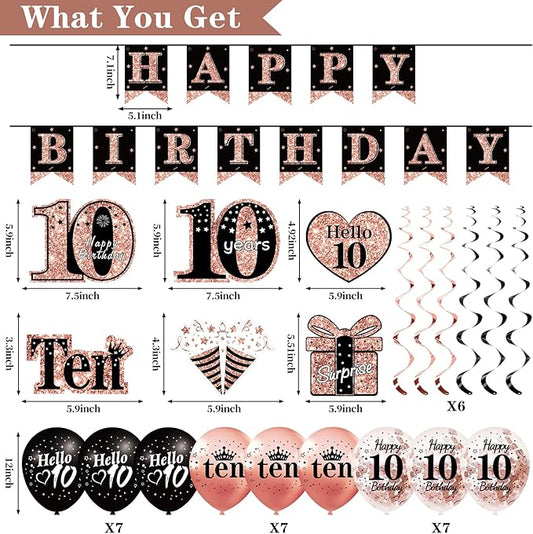10th Birthday Decorations for Girl, 33pcs Black Rose Gold Happy 10th Birthday Banner 10 Birthday Crown and Sash Balloons Backdrop Hanging Swirls Paper Fans, 10 Years Old Party Supplies Kit