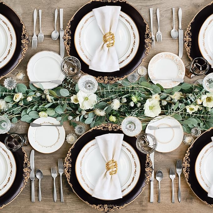 MAONAME Black Charger Plates with Gold Rim, Round Antique Plate Chargers for Dinner Plates, 13" Plastic Charger for Wedding Table Setting, Set of 6
