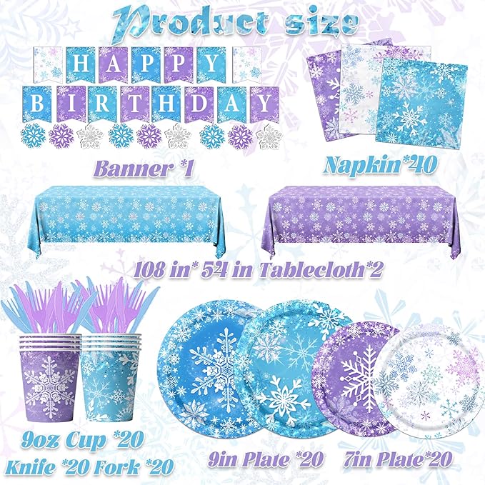 143pcs Birthday Party Decoration Snowflake Themed Tableware Winter Birthday Baby Shower Christmas Party Favors for Kids Including Plates,Napkins,Tablecloth,Banner,Cups
