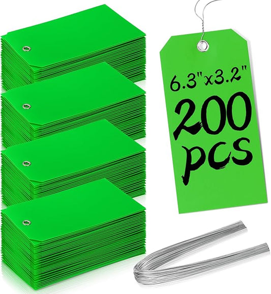 200 Pieces 6 1/4 x 3 1/8 Shipping Tags with String #8 Waterproof Green Tags for Labeling with Wire Blank with Holes Garage Sale for Moving Parts Equipment Garden Outdoor (Green)