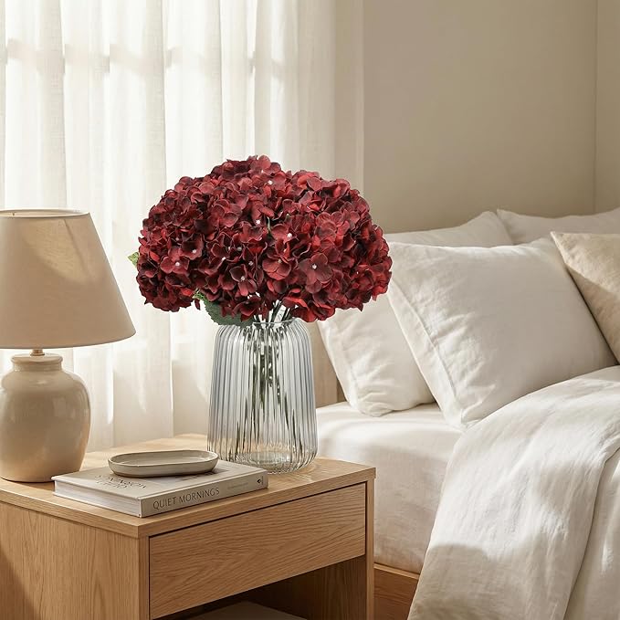 2Bouquets Artificial Fake Flowers Plants Silk Hydrangea Arrangements Wedding Bouquets Decorations Plastic Floral Home Kitchen Garden Party Festival Bar DIY (Dark Red,5 Flower Heads)
