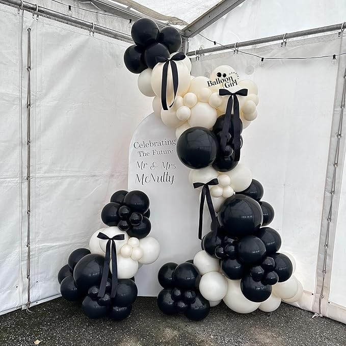 Black White Balloon Arch Kit,Sand White Black Bow Balloon Garland with Black and White Long Balloons for Birthday Baby Shower Anniversary Wedding Party Decorations