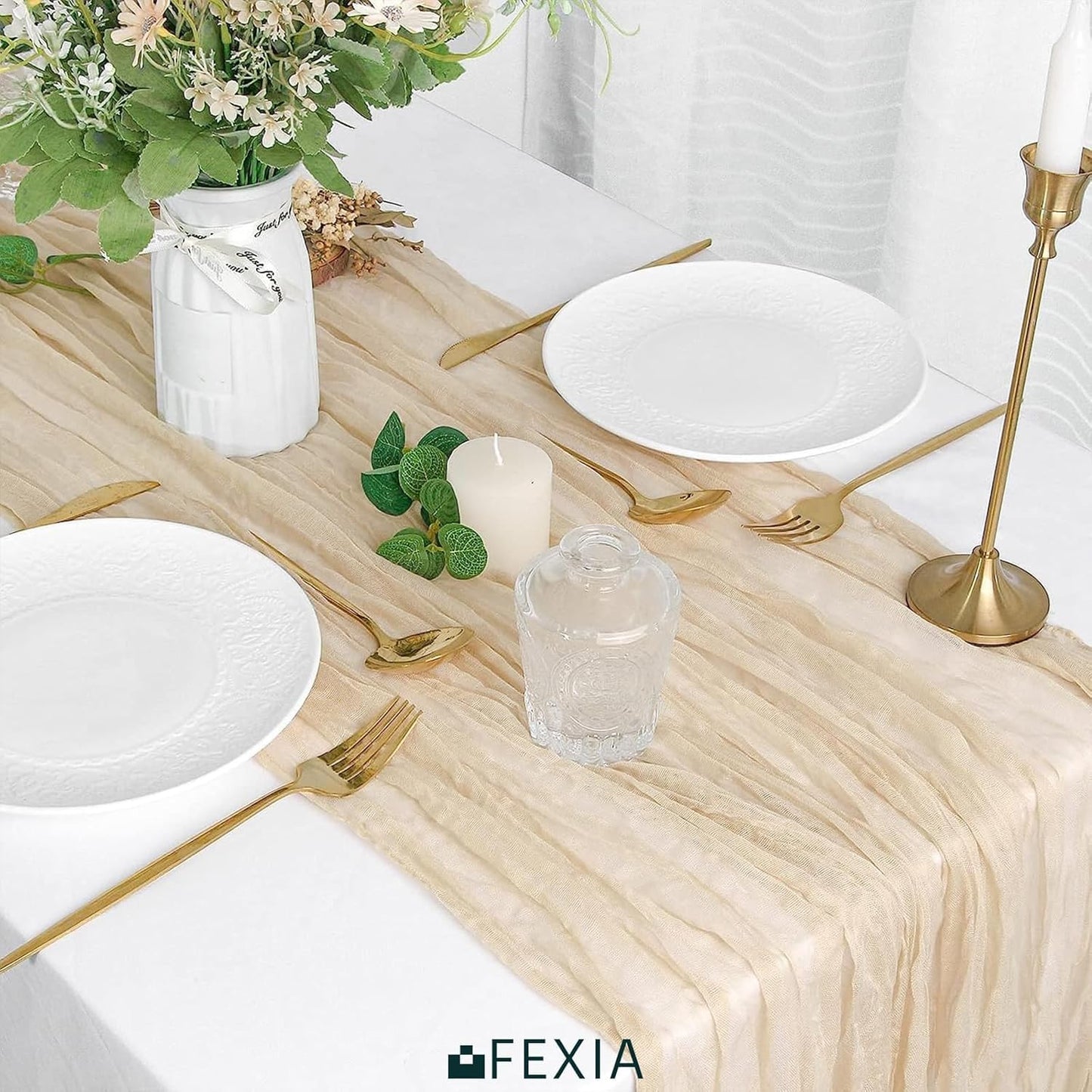 FEXIA 12 Pack Beige Table Runner 35x120 Inches for Baby Shower Decoration Gauze Rustic Table Runner for Wedding Party First Communion Centerpiece Engagement Bridal Shower Boho Decoration