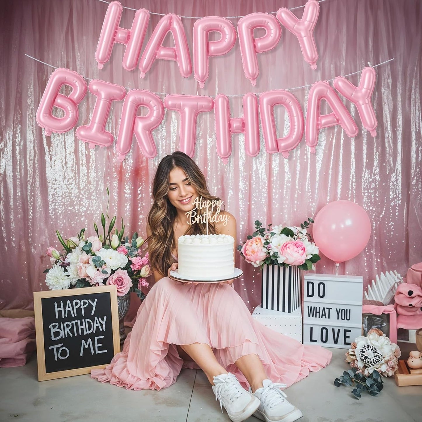 Pink Happy Birthday Balloon Banner, 16 Inch Pastel Pearl Baby Pink Self Inflating Happy Birthday Mylar Foil Balloon, Birthday Bunting Banner Letter Balloons for Girls Women Birthday Party Decorations